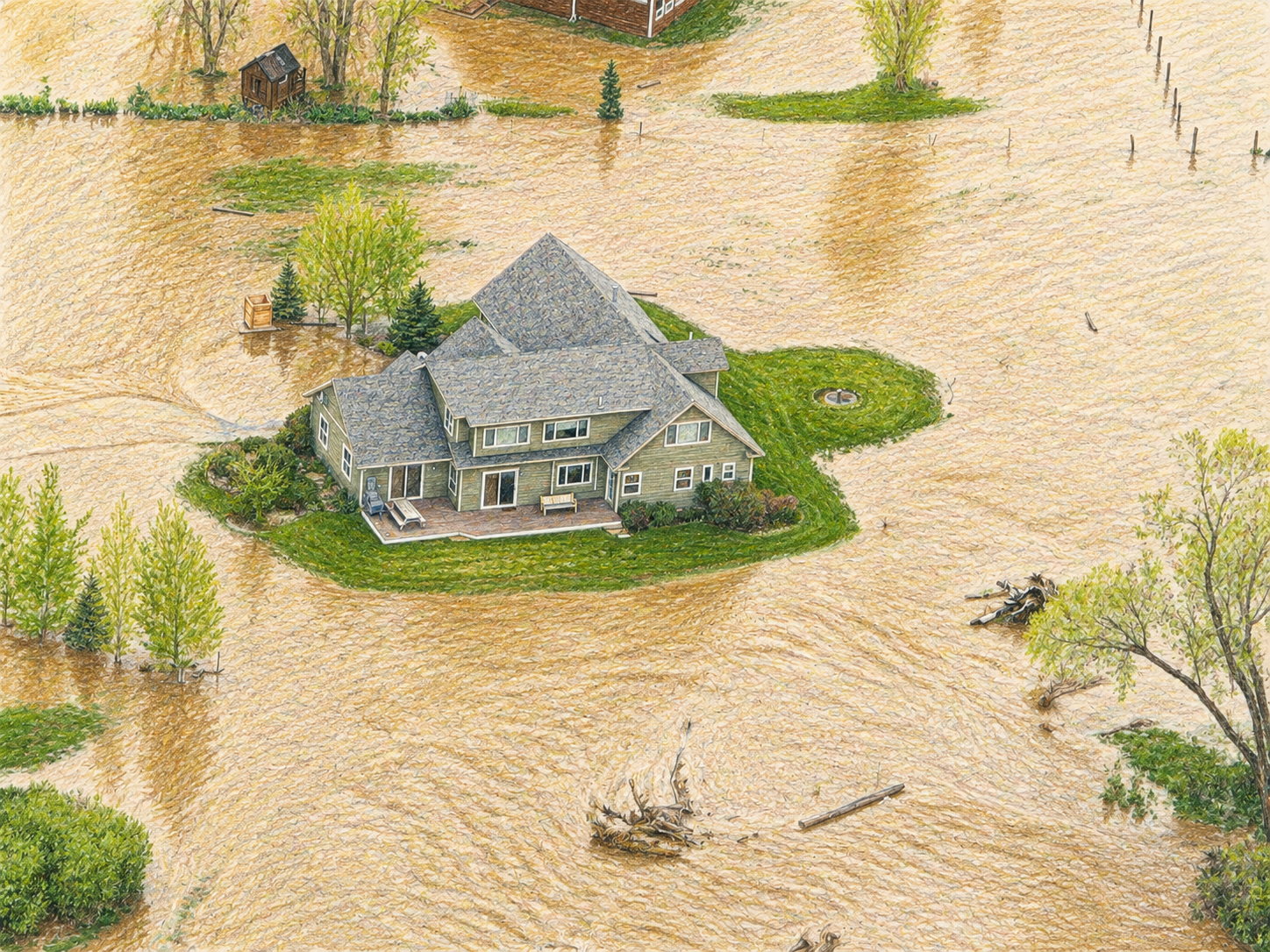 Drawing of a house surrounded by flood waters