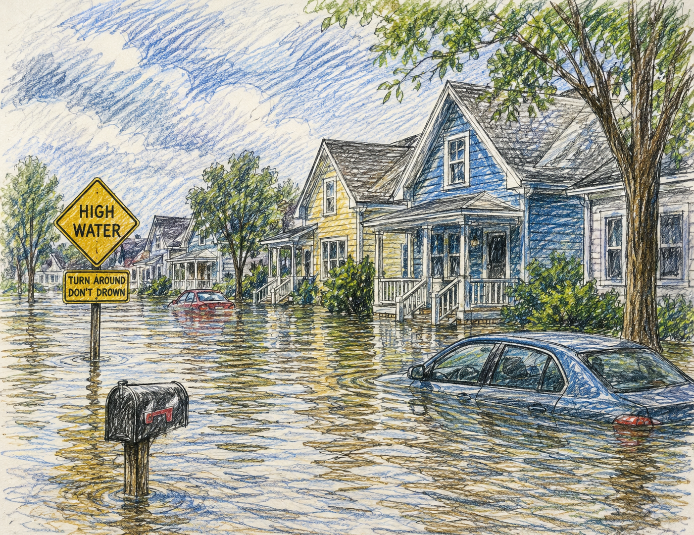 Computer Generated sketch of a flooded residential neighborhood.