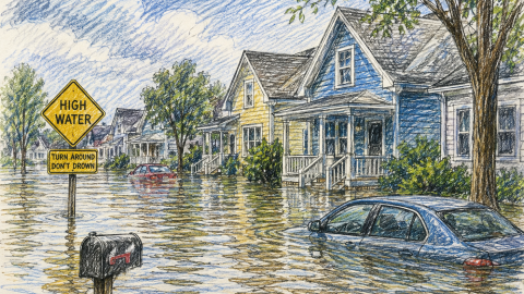 Computer Generated sketch of a flooded residential neighborhood.