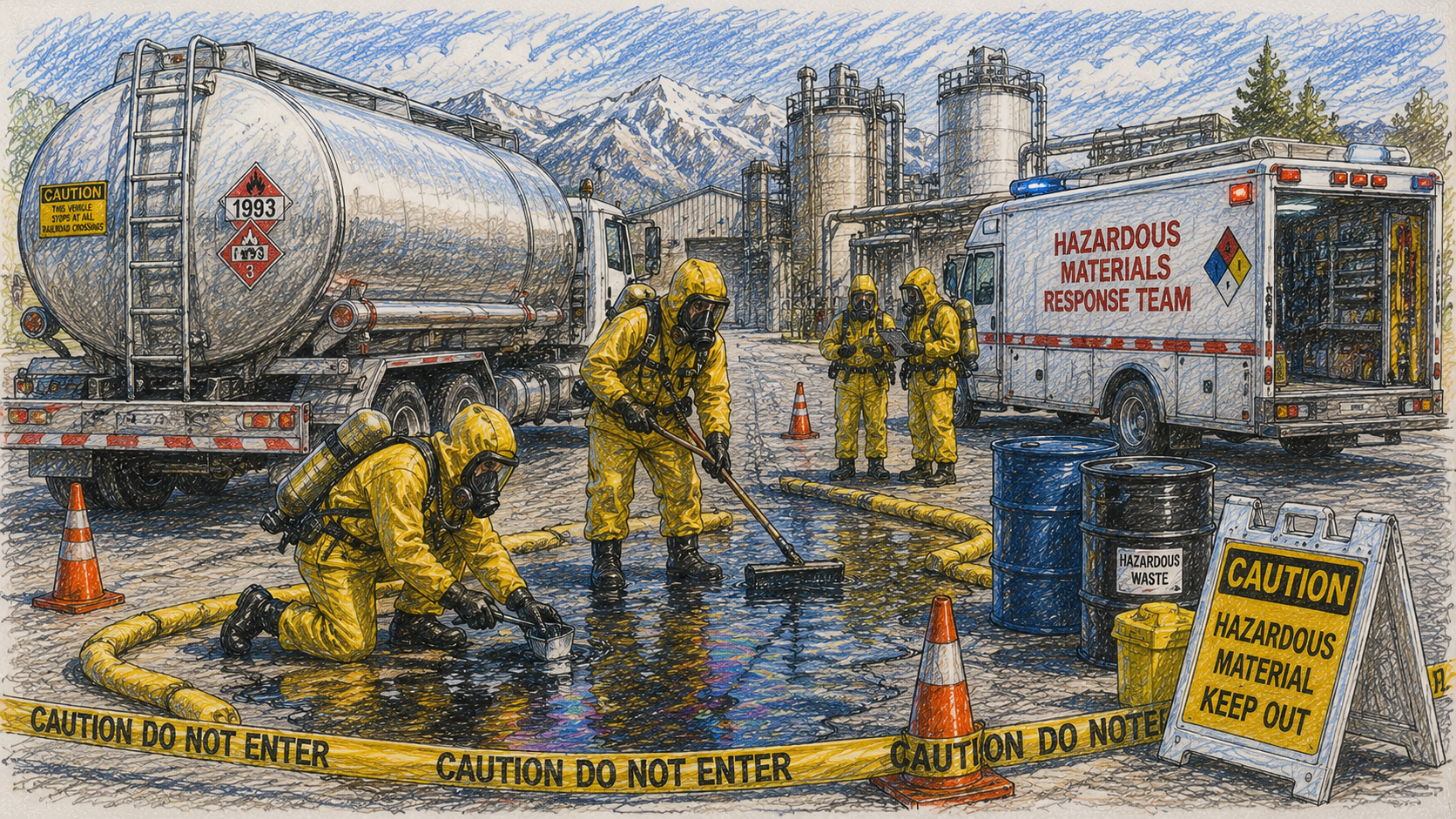 Computer Generated sketch of a hazardous materials incident.