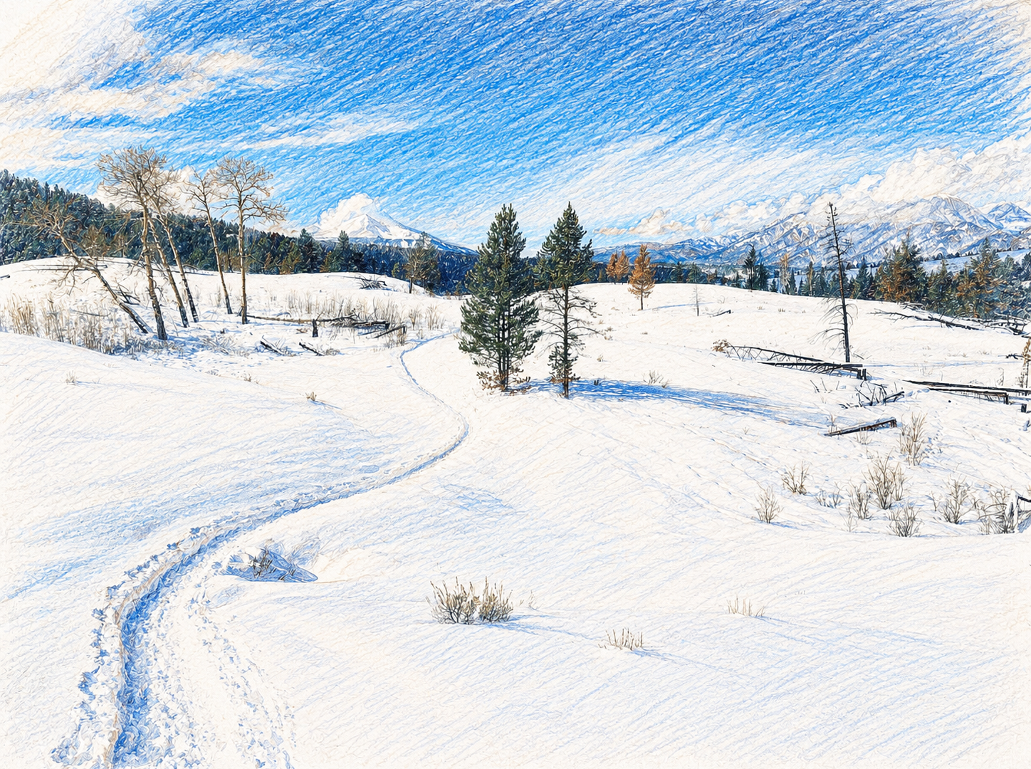 Computer Generated sketch of mountain trail in the winter