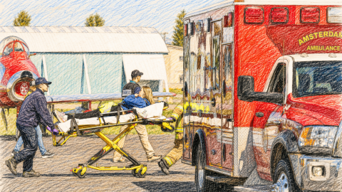 Computer generated sketch of a patient being loaded in a ambulance