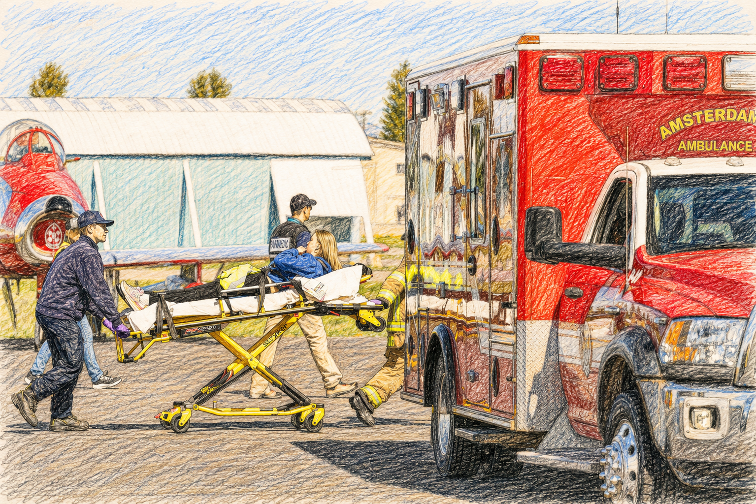 Computer generated sketch of a patient being loaded in a ambulance