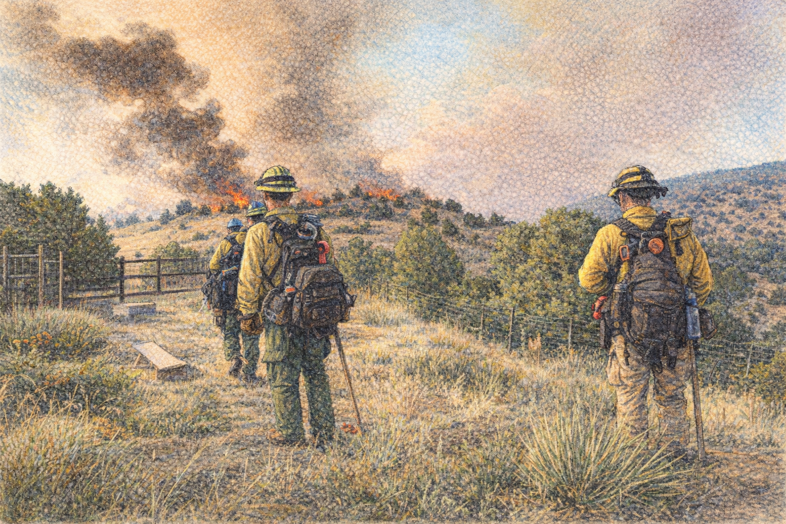 Computer generated drawing of a wildland firefighting crew
