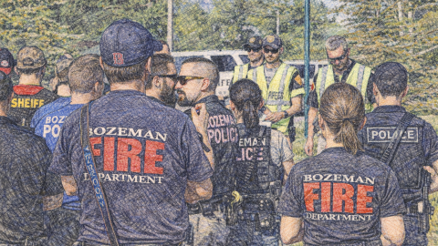 Computer generated image of police and firemen