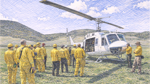 Computer generated sketch of firefighter helicopter training