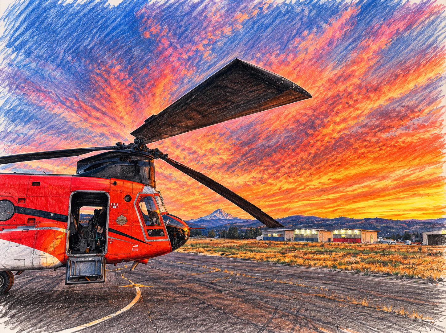 Computer generated sketch of a CH47 helicopter at sunset