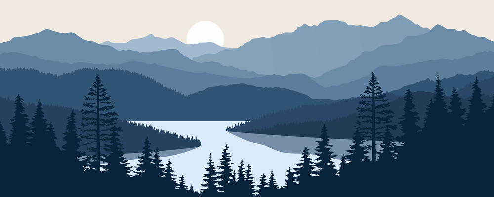 Silhouette of a mountain range with lake